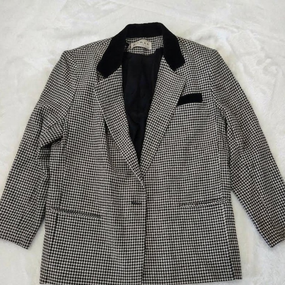 Dumas Vintage Houndstooth Blazer Black White Velvet Collar Wool Blend L Large